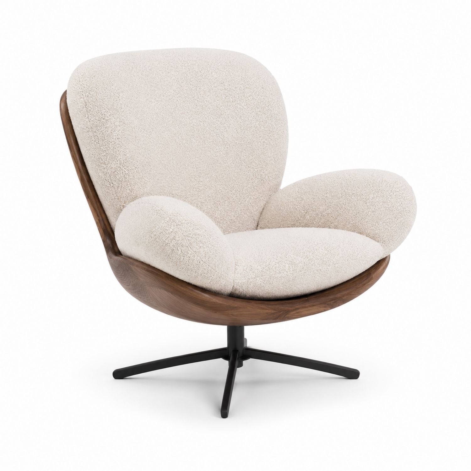 Bouclé Fabric Swivel Accent Chair with Wood Frame in Cream