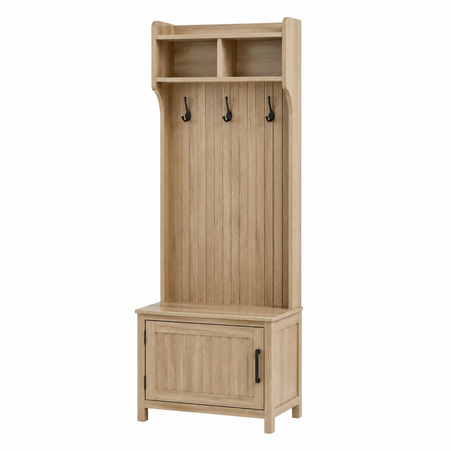Oak Wood Hall Tree with Coat Hooks and Storage Bench