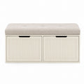 Wood Storage Bench with Upholstered Cushion Beige 2-Door 90cm