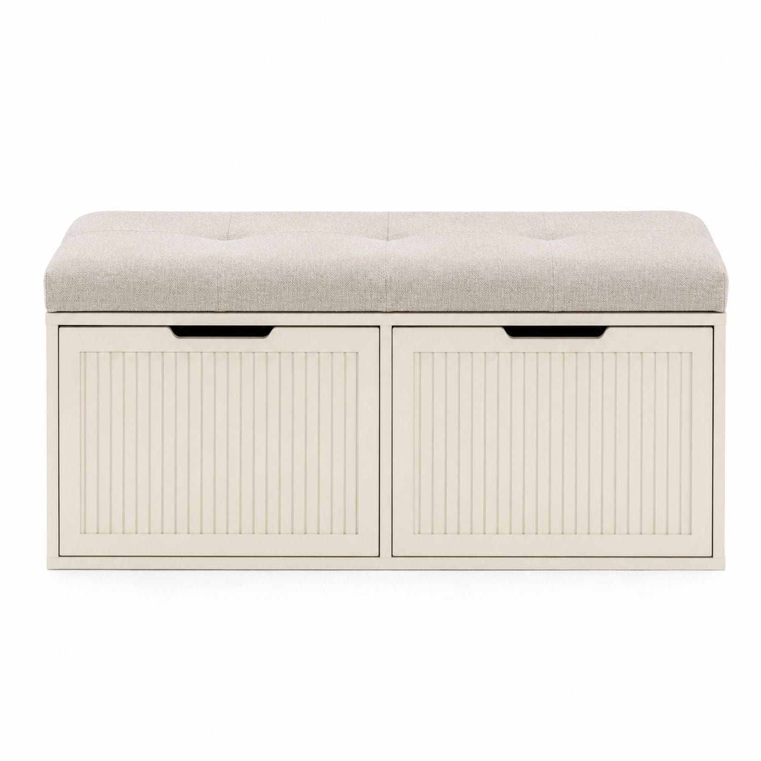 Wood Storage Bench with Upholstered Cushion Beige 2-Door 90cm