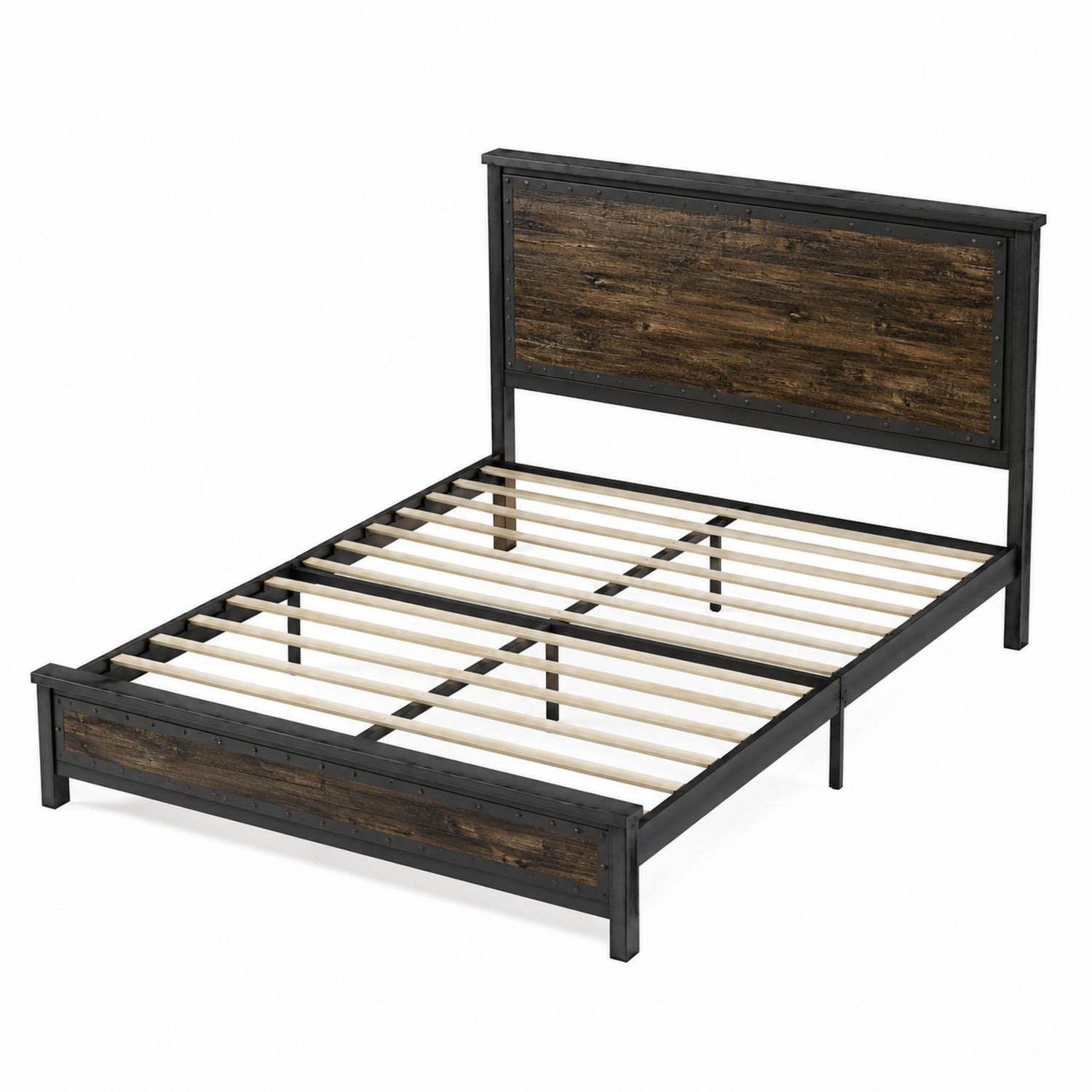 Metal and Wood Platform Bed Frame with Headboard Full Size