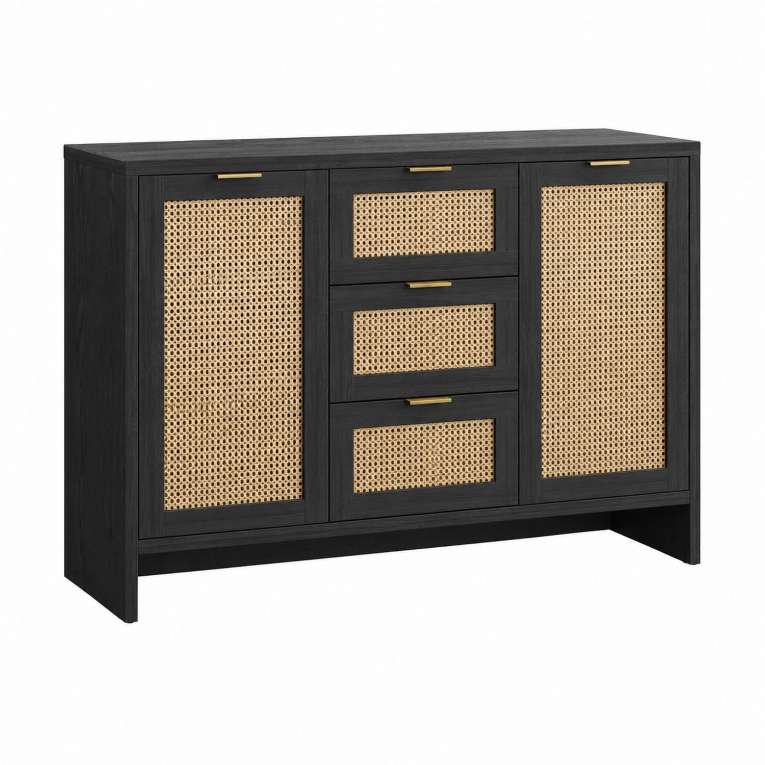 Black Wood Sideboard with Rattan Panel 120cm x 40cm x 80cm