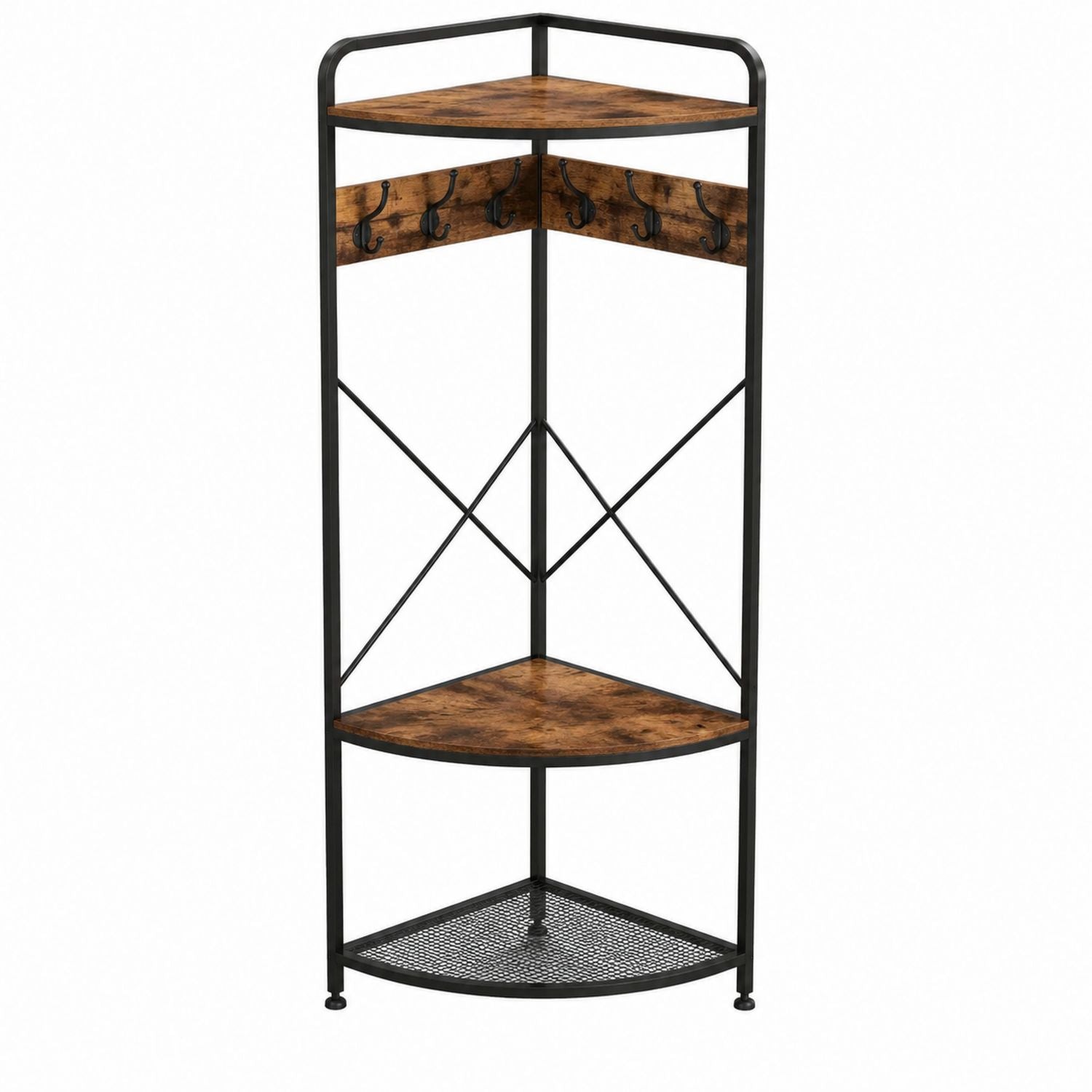 Corner Coat Rack with Metal Frame and MDF Wood Shelves Black/Brown