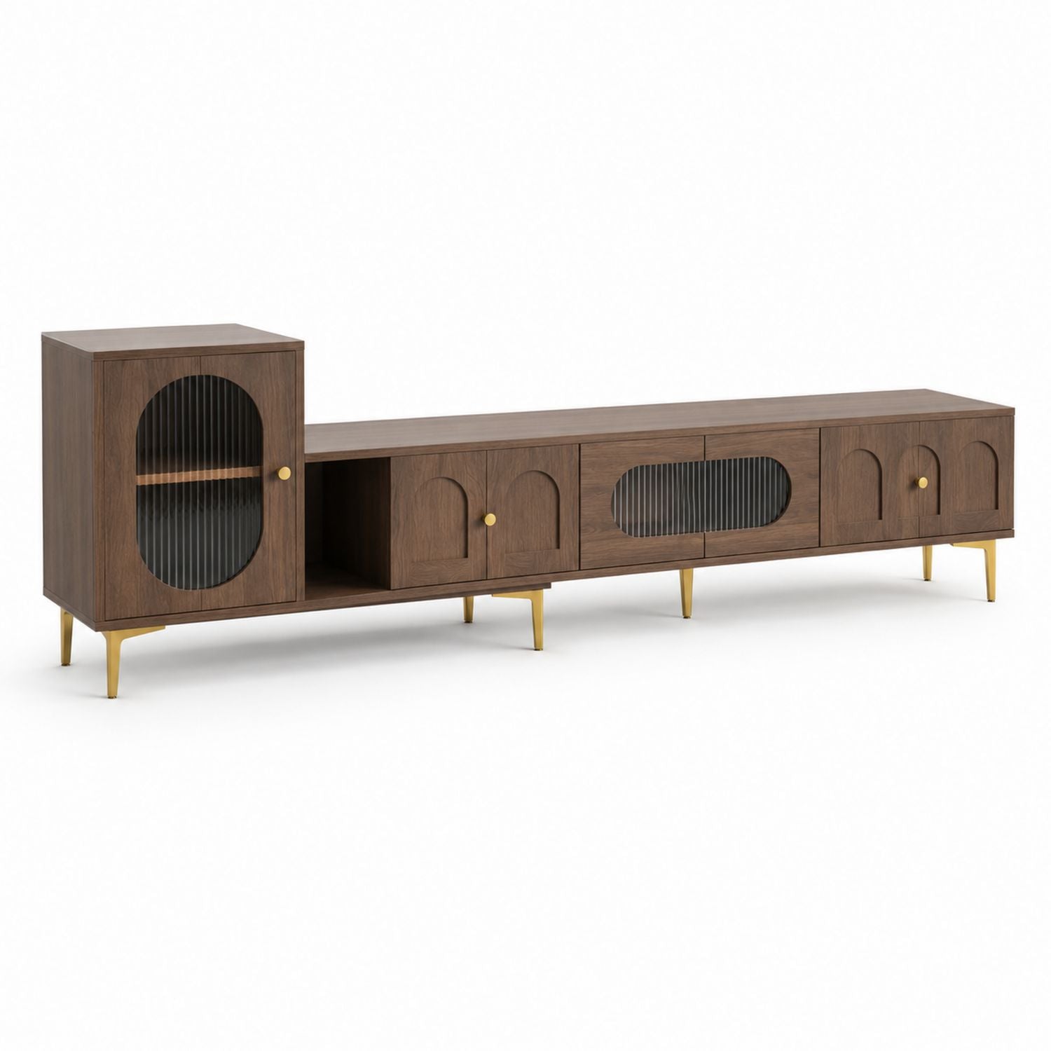 Walnut Wood TV Stand with Tempered Glass Doors and Metal Legs 200cm