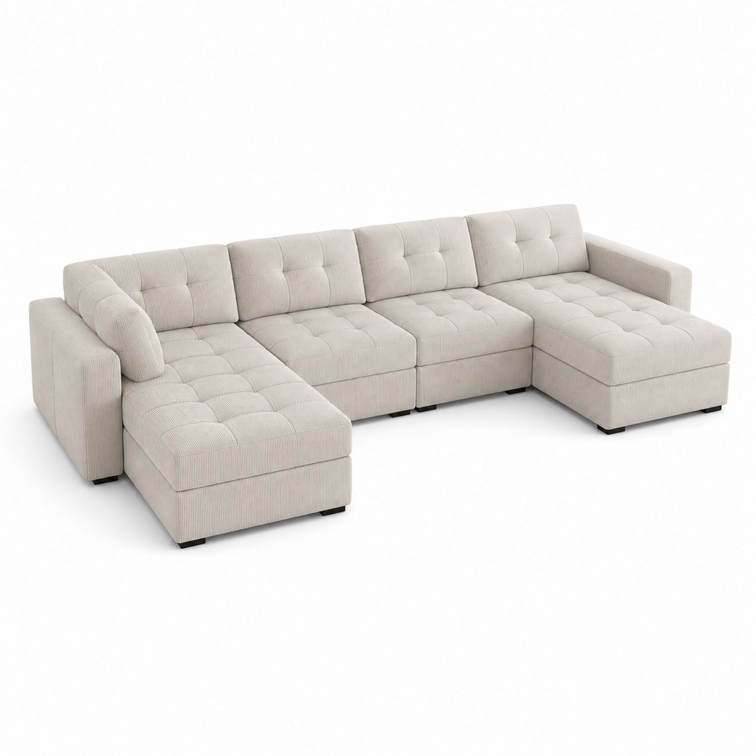 Beige Sectional Sofa Set with Corduroy Fabric and Tufted Design