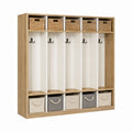Wood Coat Rack with Wicker and Fabric Baskets Natural Oak Beige White