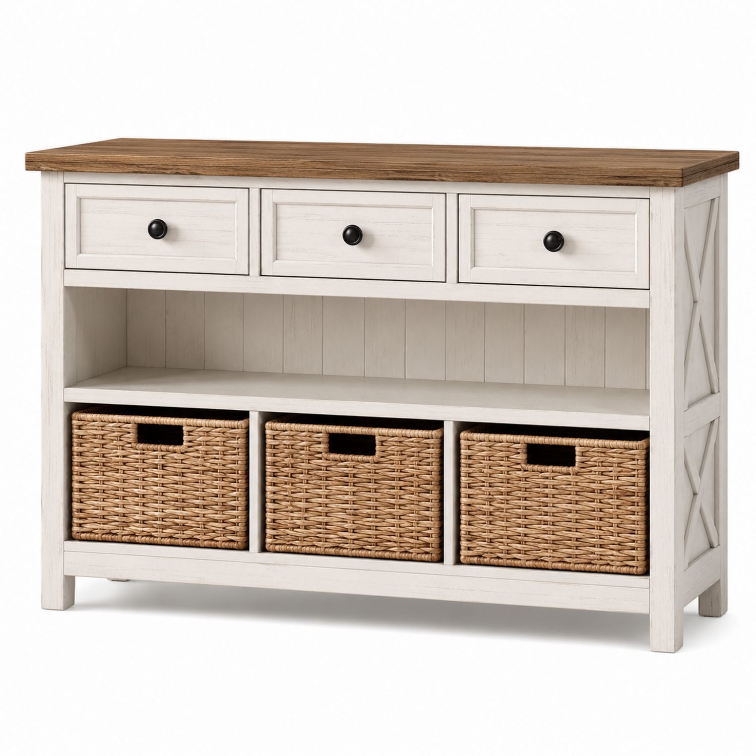 Wood Console Table with Wicker Baskets and Drawers
