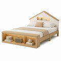 Wooden Bed Frame with House-Shaped Headboard and Storage Shelf Queen Size