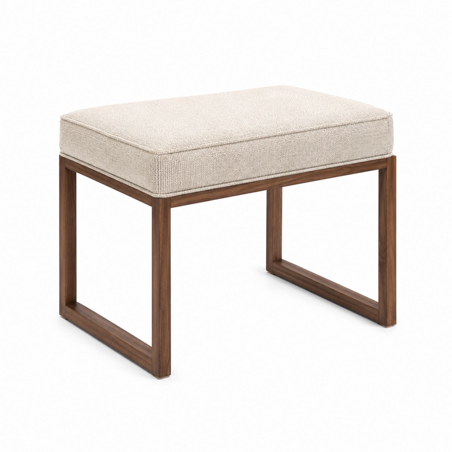 Banc rectangulaire beige rembourré avec structure en noyer