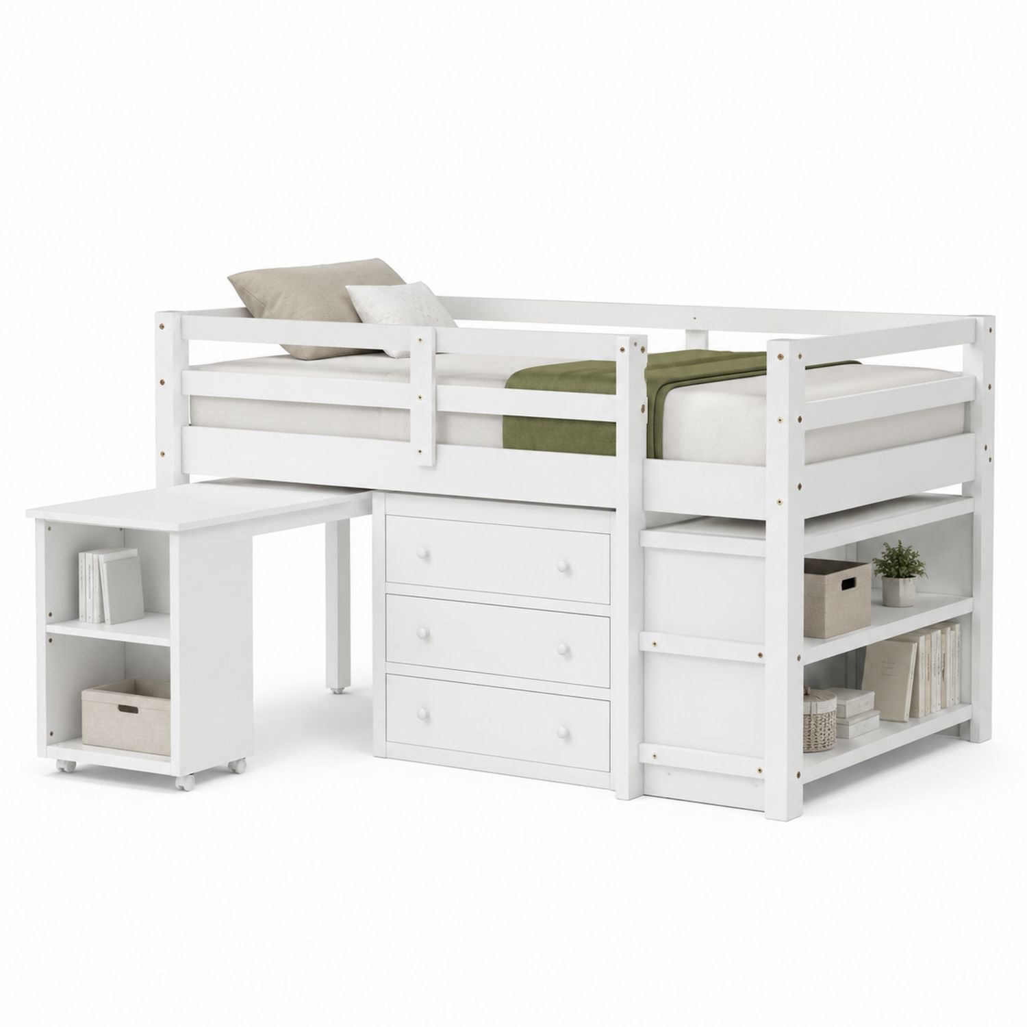 White Wooden Loft Bed with Desk and Storage