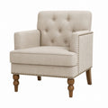 Linen Fabric Armchair with Button Detailing and Wooden Legs