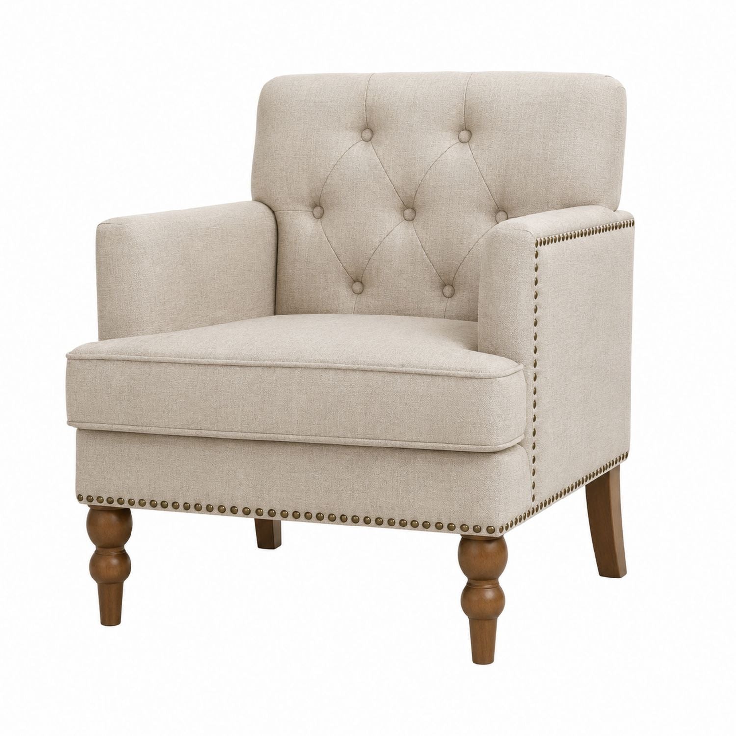 Linen Fabric Armchair with Button Detailing and Wooden Legs