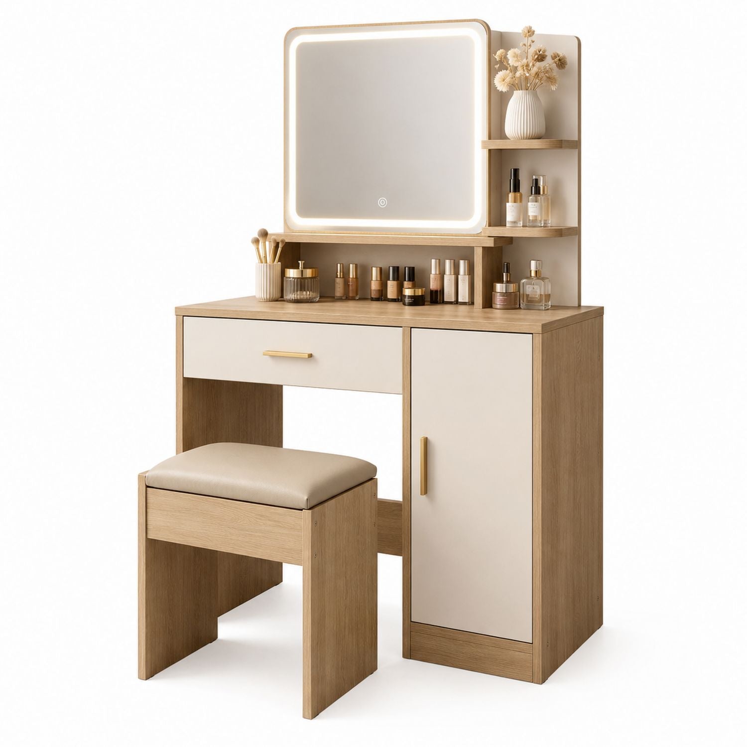 Vanity Set with LED Mirror and Stool MDF Beige 80x40x135 cm