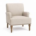 Beige Linen Armchair with Wooden Legs and Nailhead Trim