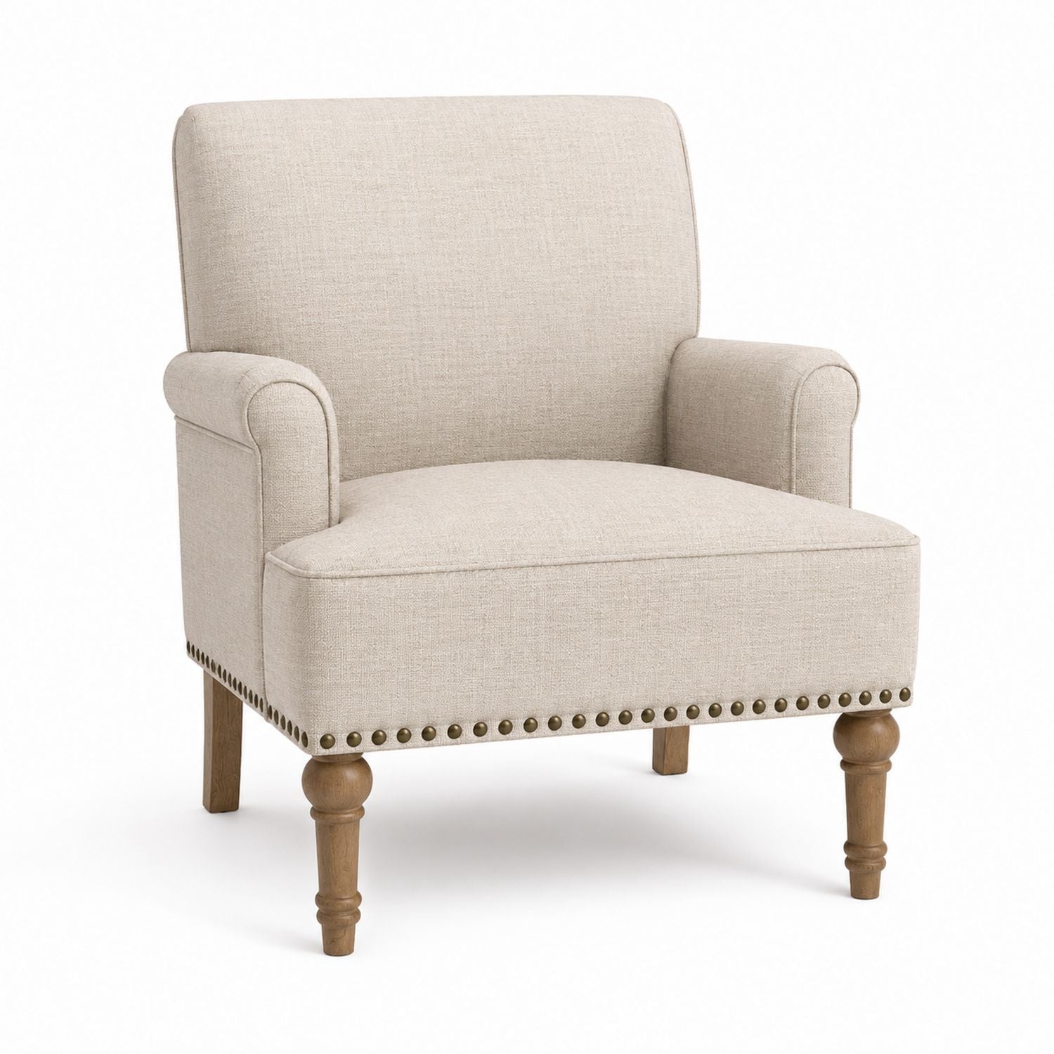 Beige Linen Armchair with Wooden Legs and Nailhead Trim