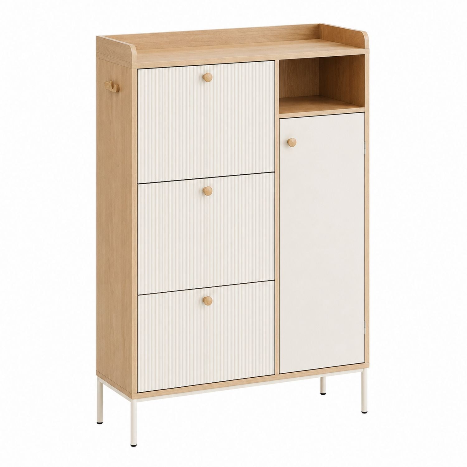 Wood Shoe Storage Cabinet with Cream Doors and Multiple Shelves