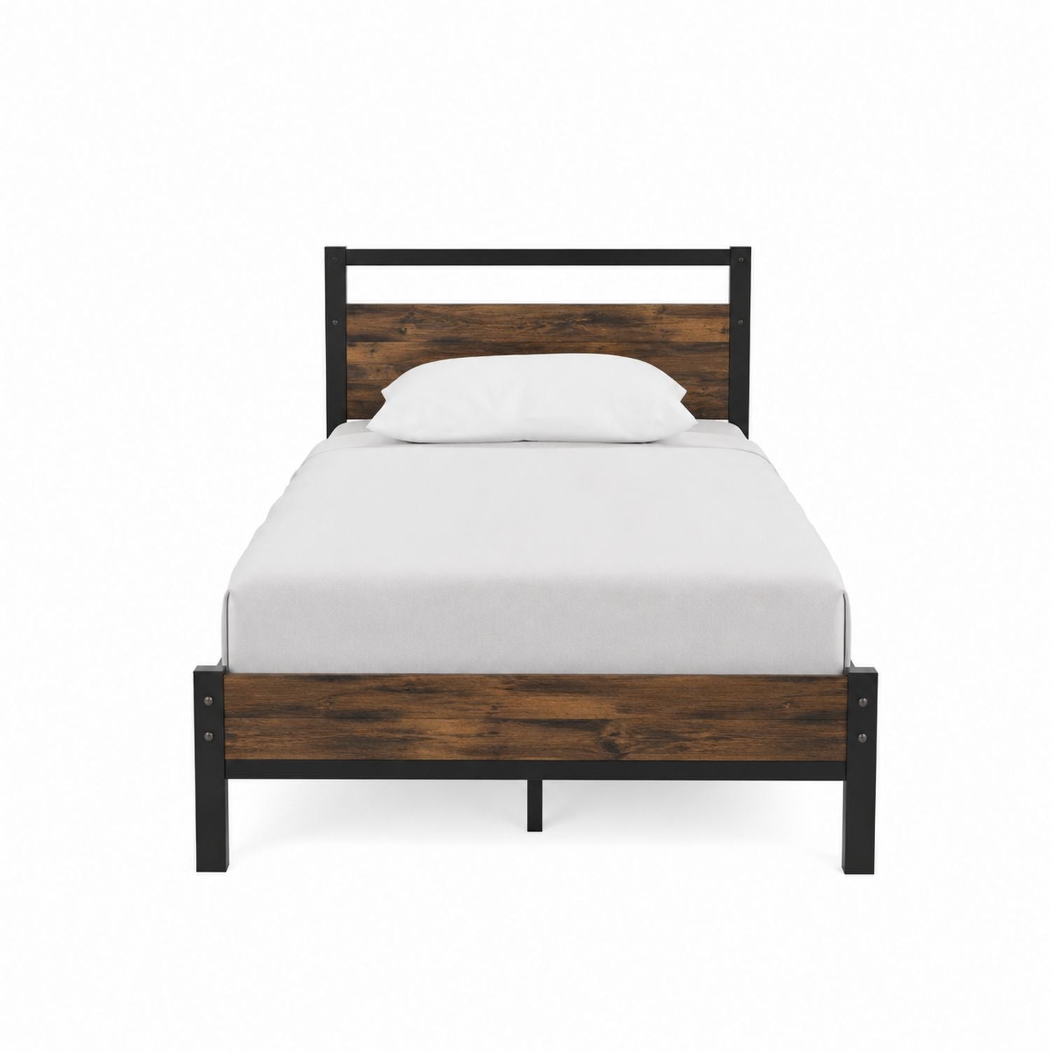 Metal and Wood Single Bed Frame Black Brown