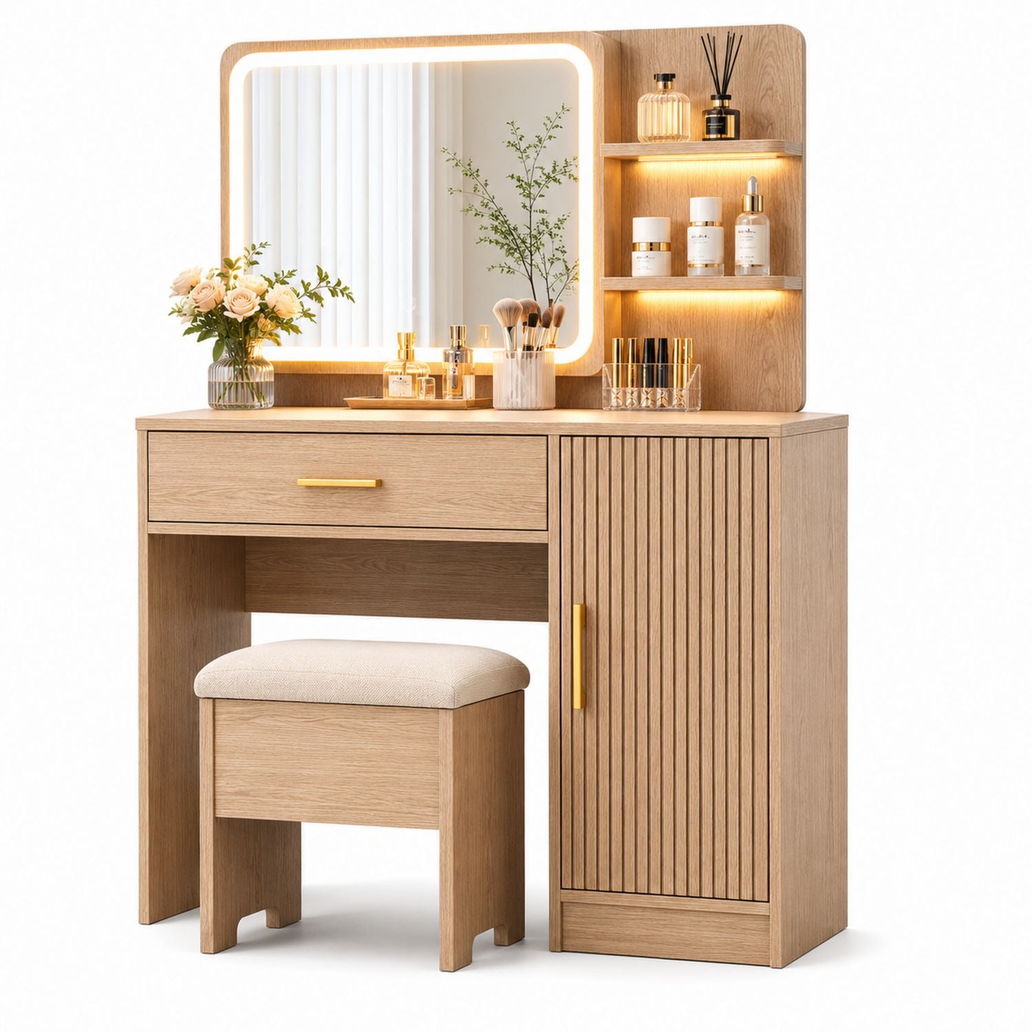 Wood Vanity Set with LED Mirror and Stool