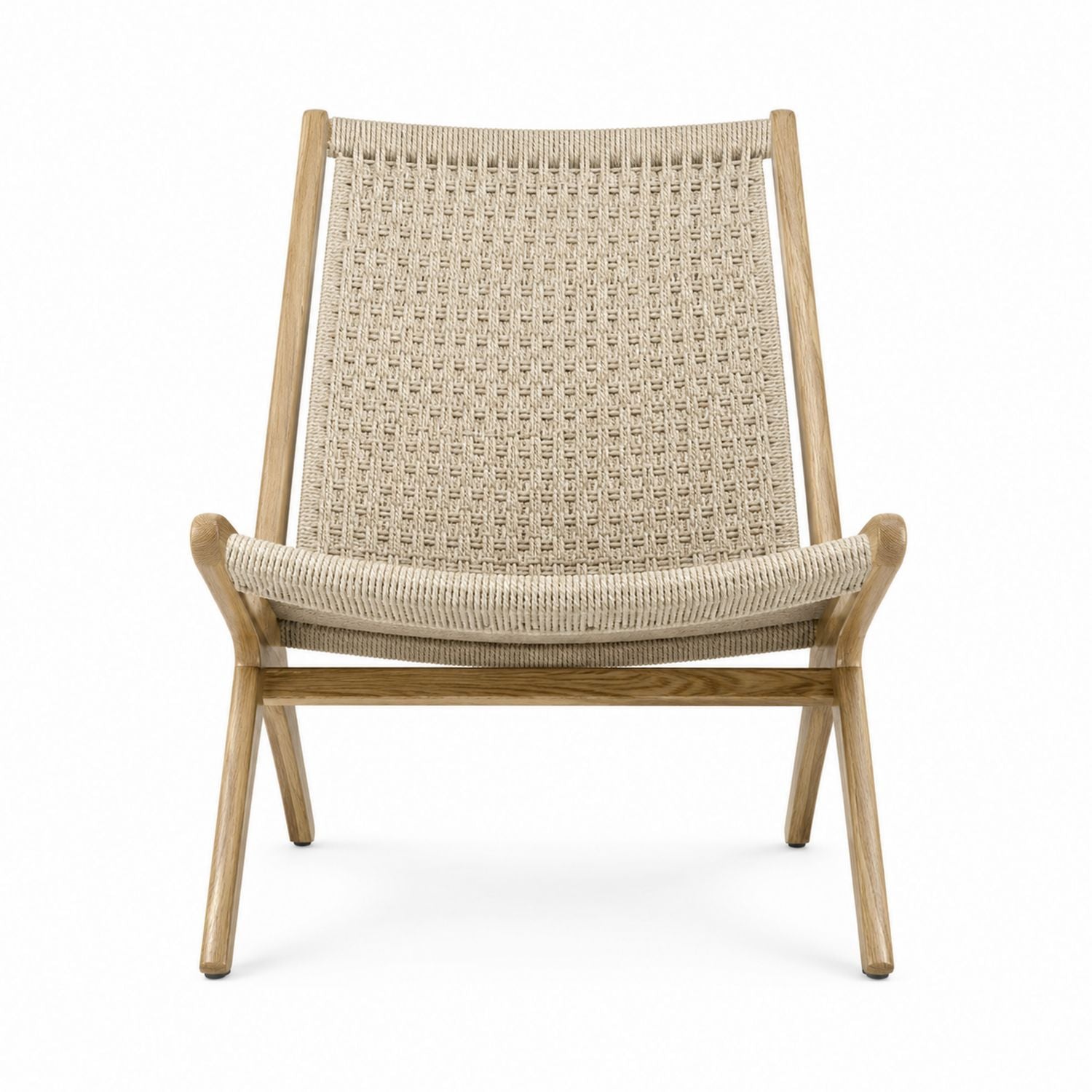 Oak Wood Lounge Chair with Woven Seat Beige