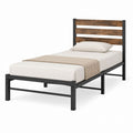 Twin Metal and Wood Bed Frame with Slatted Headboard Black/Brown
