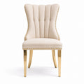 Beige Linen Dining Chair with Gold Steel Legs and Studded Trim