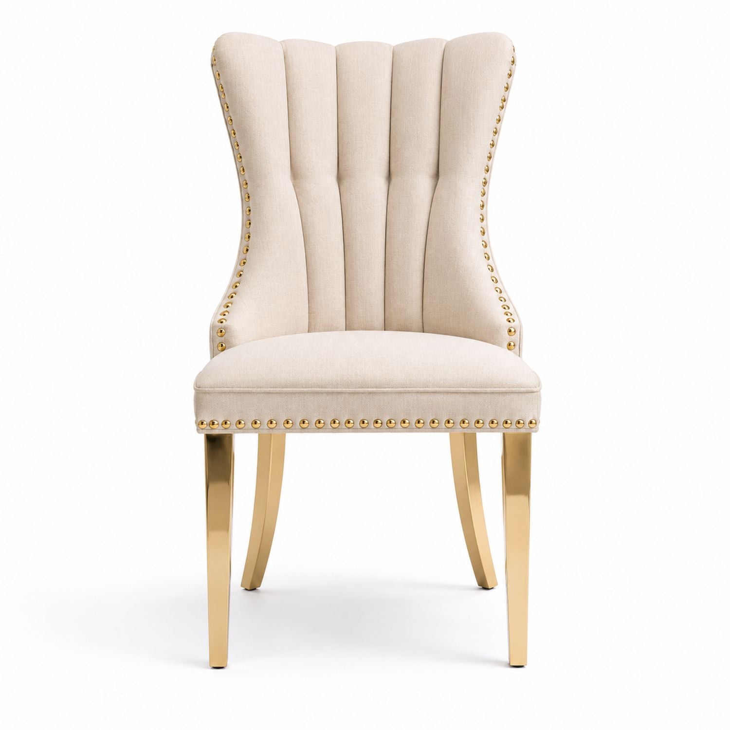 Beige Linen Dining Chair with Gold Steel Legs and Studded Trim