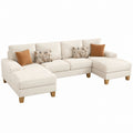 Beige Fabric L-Shaped Sectional Sofa with Wooden Legs