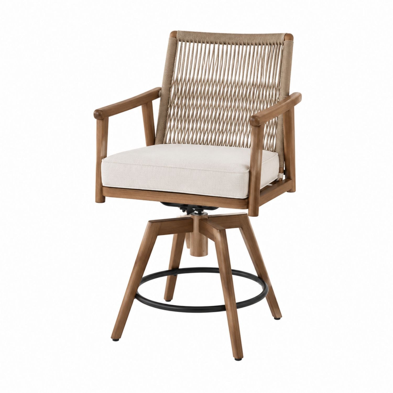 Tabouret de bar en bois d'acacia avec dossier en corde et coussin beige