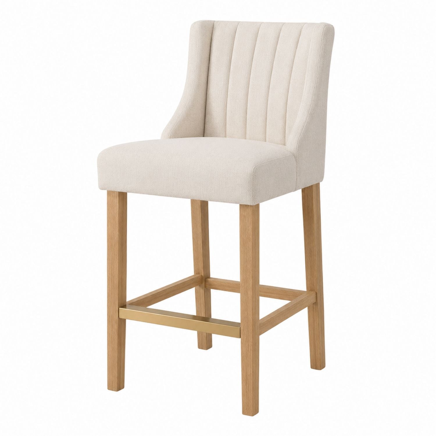 Beige Fabric Bar Stool with Oak and Brass Finish