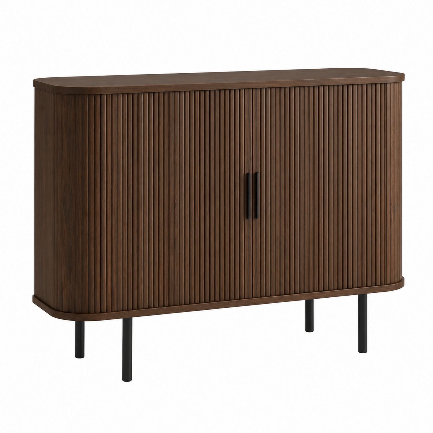 Walnut Wood Sideboard with Fluted Doors and Black Metal Legs