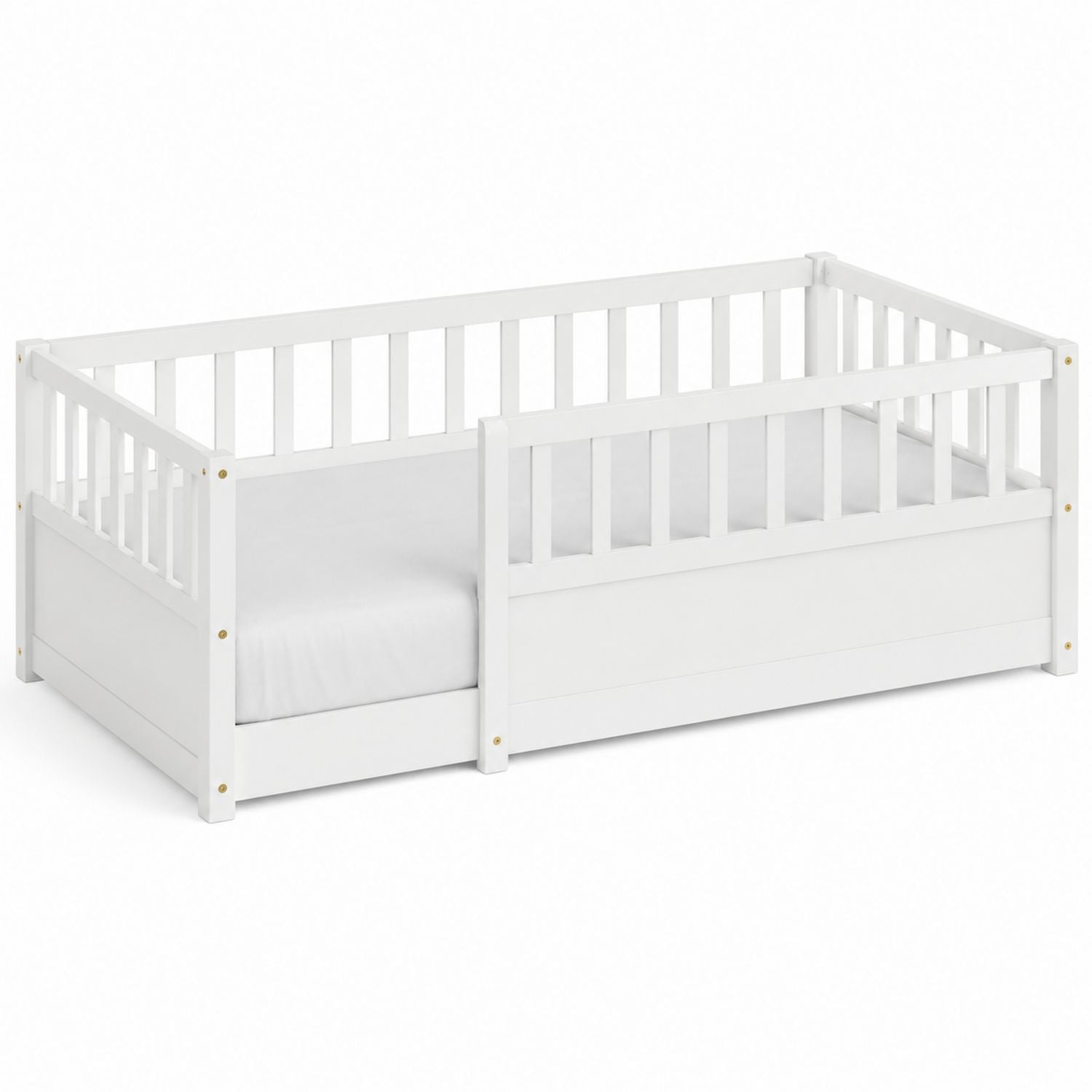 White Wood Toddler Bed with Safety Rails 144cm x 76cm x 57cm