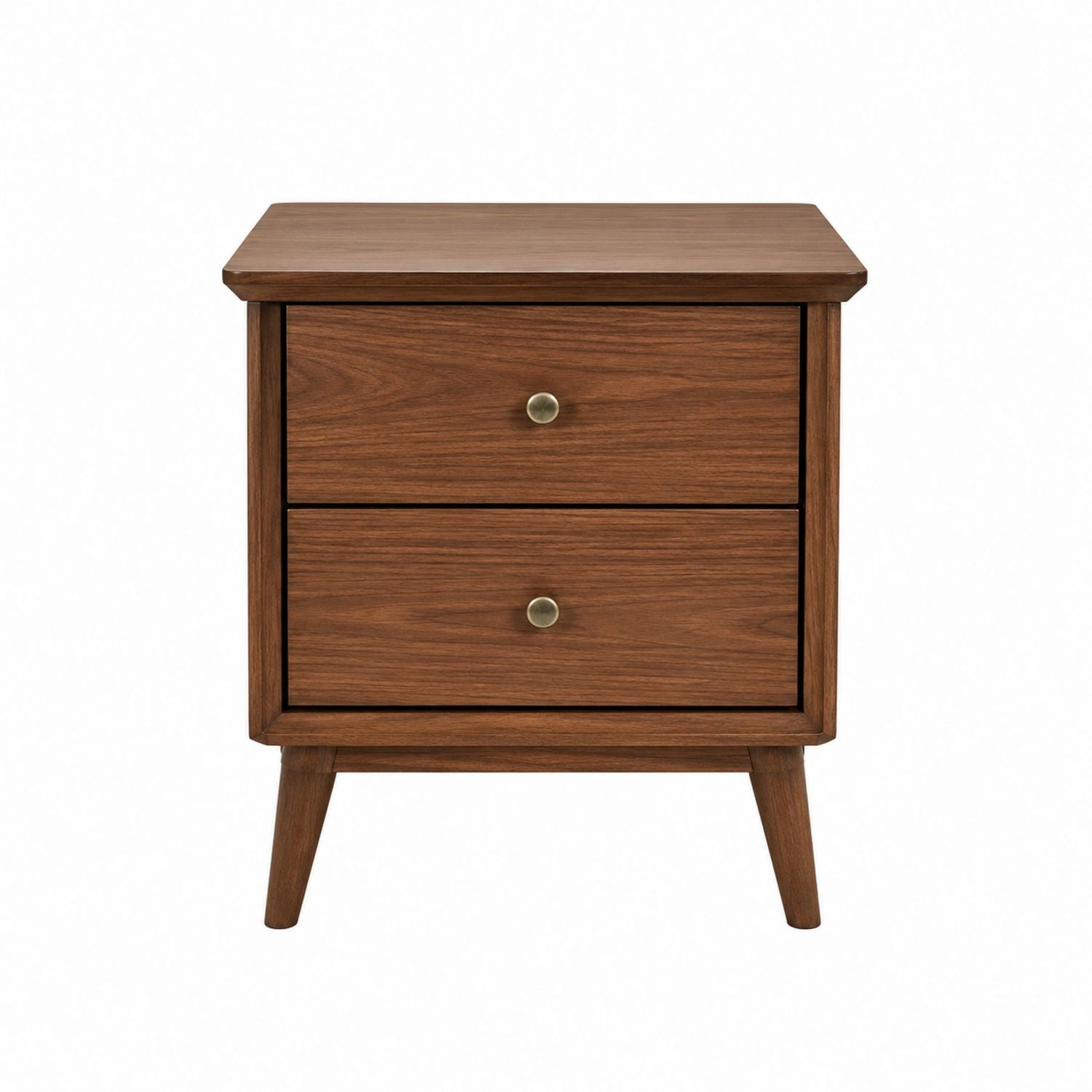 Walnut Wood Nightstand with Brass Handles and Two Drawers
