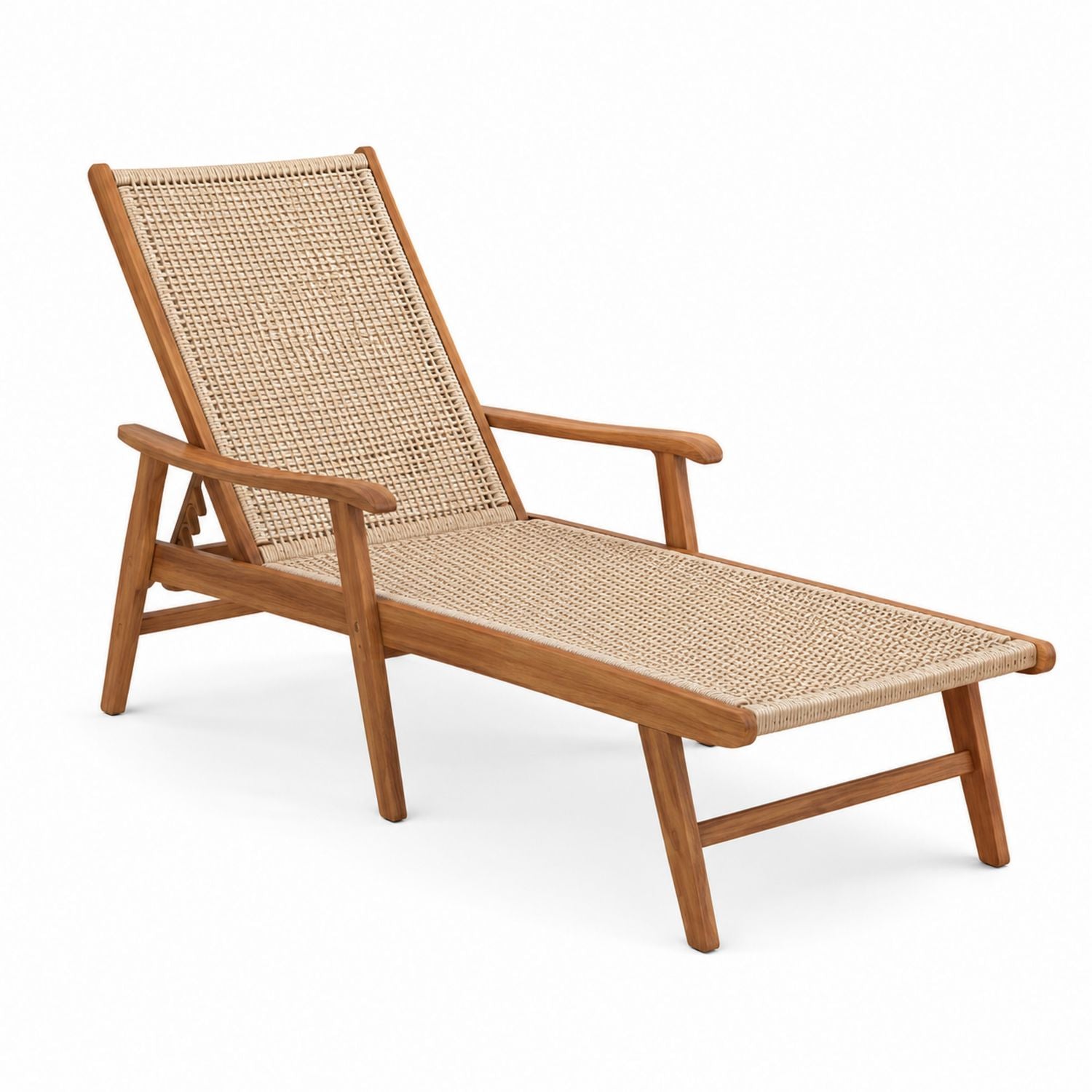 Chaise longue d'extérieur en teck avec osier beige