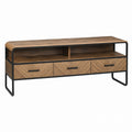 Wood and Metal TV Stand with Three Drawers and Open Shelves