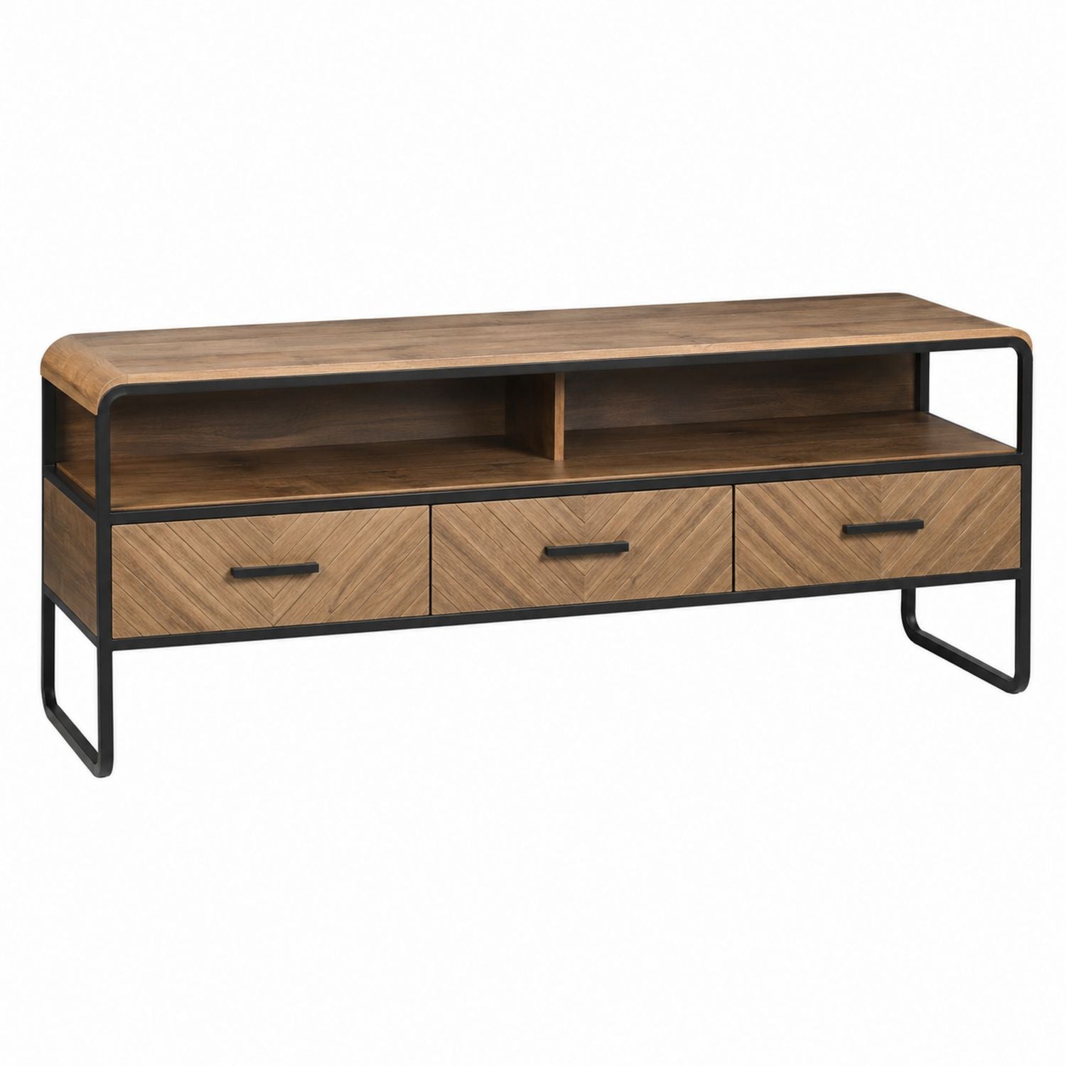 Wood and Metal TV Stand with Three Drawers and Open Shelves