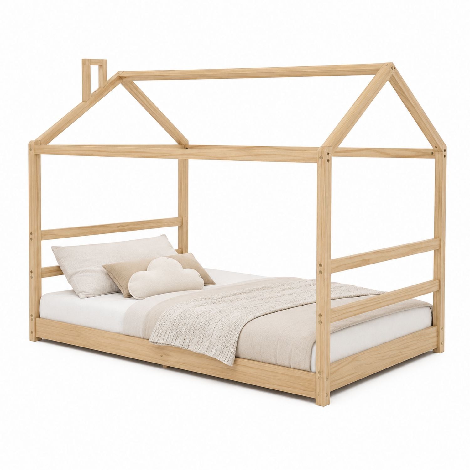 Wooden House Frame Bed for Kids with Mattress Natural Pine Wood 200x90 cm