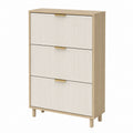Wood Shoe Storage Cabinet with 3 Flip-Drawers, Oak and Beige, 75x27x110cm