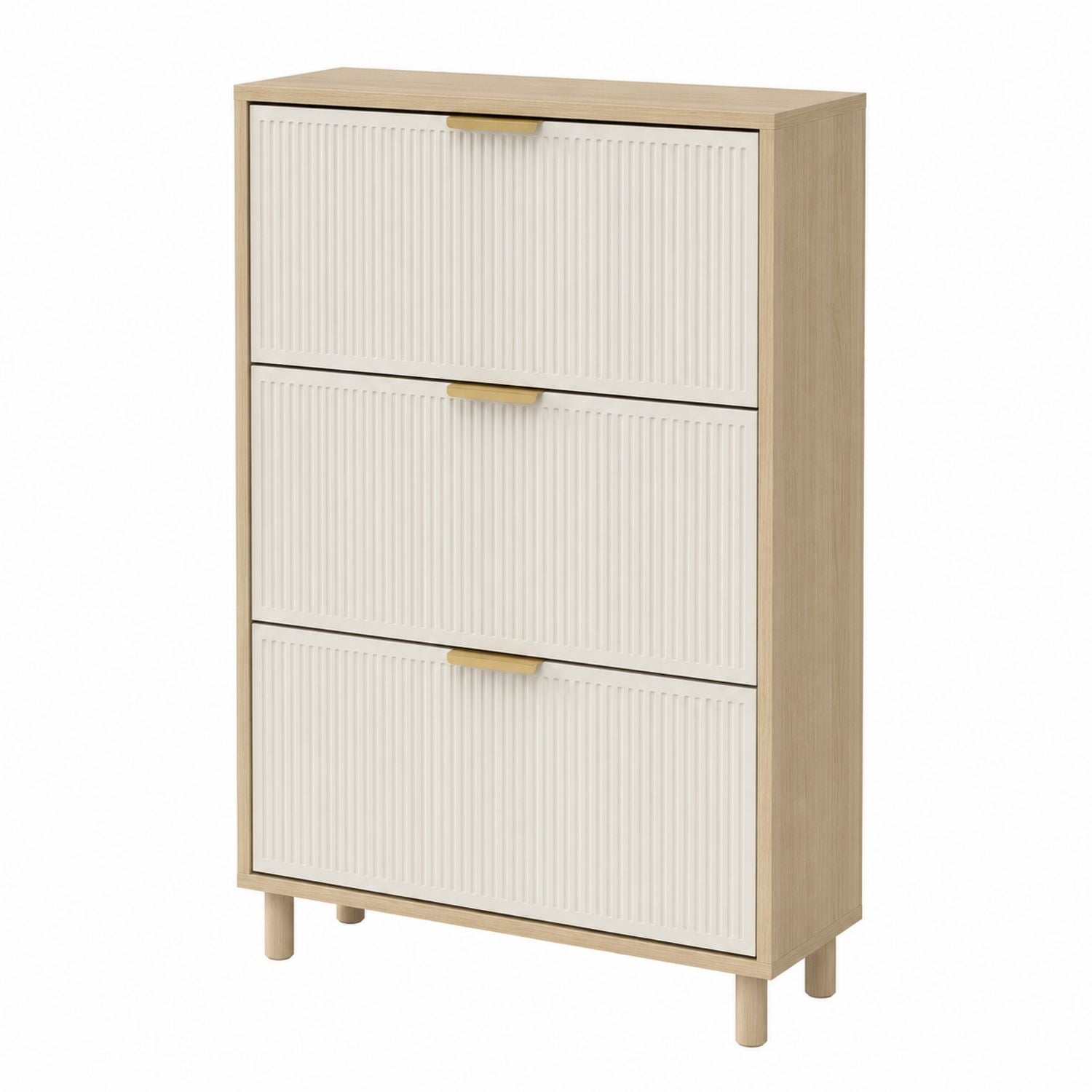 Wood Shoe Storage Cabinet with 3 Flip-Drawers, Oak and Beige, 75x27x110cm